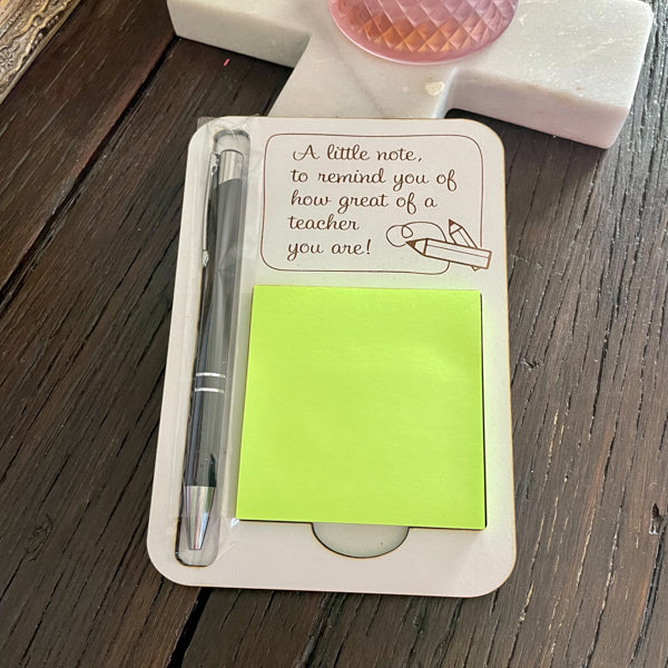 Personalised engraved wooden sticky note holder with pen, handmade desk accessory by Mudpuddles Australia