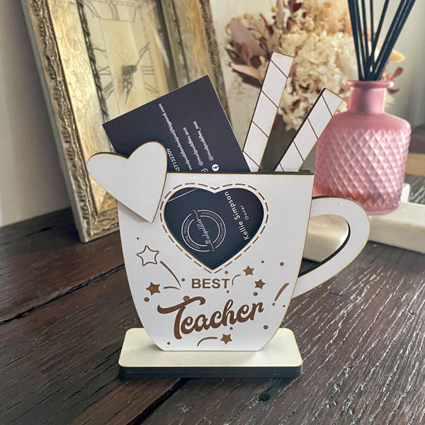 Personalised engraved wooden Best Teacher mug decoration, handmade teacher appreciation gift by Mudpuddles Australia