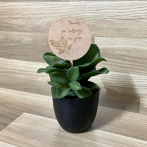Personalised engraved wooden plant stake with custom text, handmade gift by Mudpuddles Australia