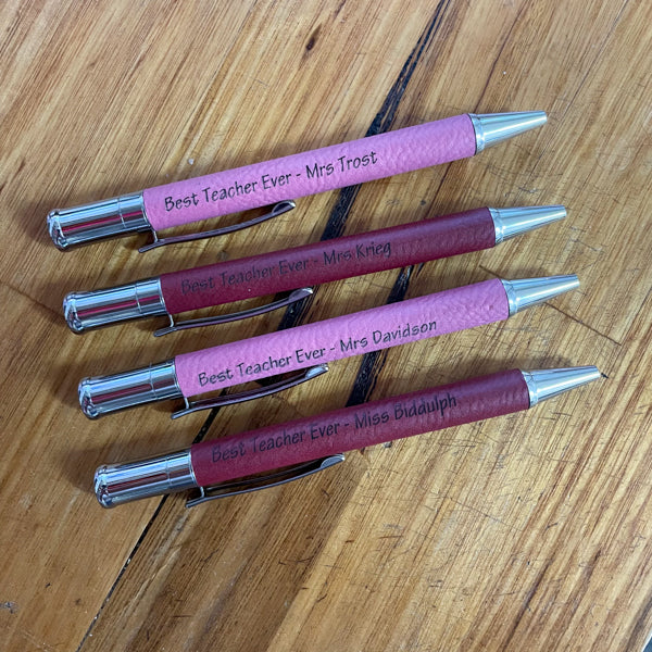 Personalised engraved metal pens with custom names, handmade gift option by Mudpuddles Australia