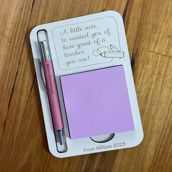 Personalised engraved wooden sticky note holder with pen, handmade desk accessory by Mudpuddles Australia