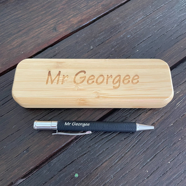 Personalised engraved wooden pen and case with custom branding, handmade corporate gift by Mudpuddles Australia