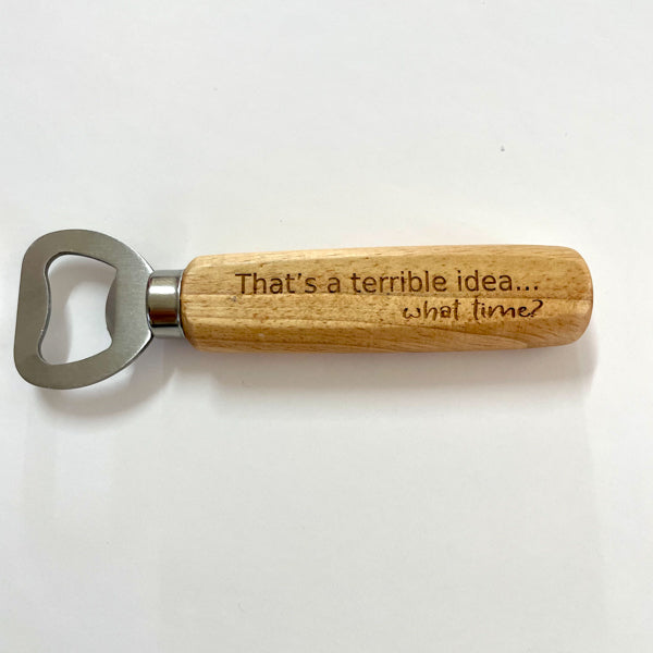 Custom wooden bottle opener with engraved message, personalised handmade gift Mudpuddles Australia