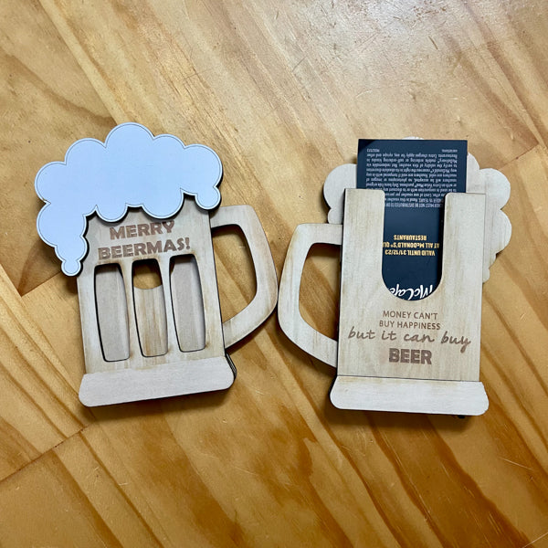 Personalised wooden mug shaped gift card holder with custom engraved text, handmade gift by Mudpuddles Australia