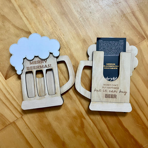 Personalised wooden mug shaped gift card holder with custom engraved text, handmade gift by Mudpuddles Australia